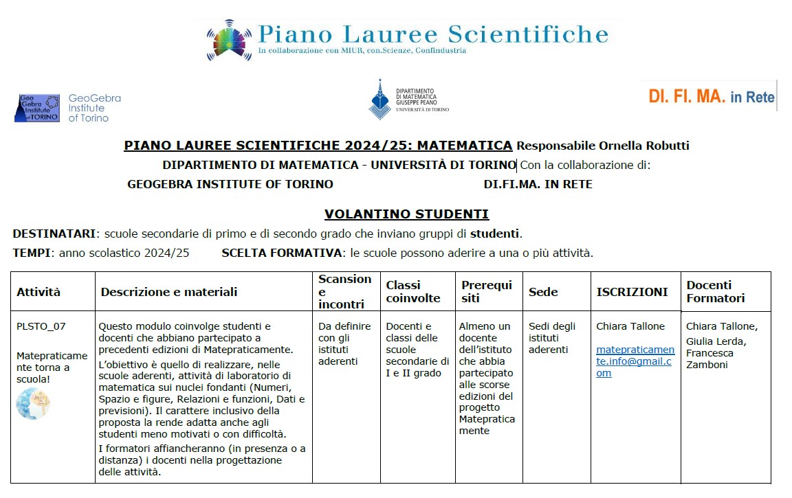 PIANO LAUREE SCIENTIFICHE 2024/25: MATEMATICA